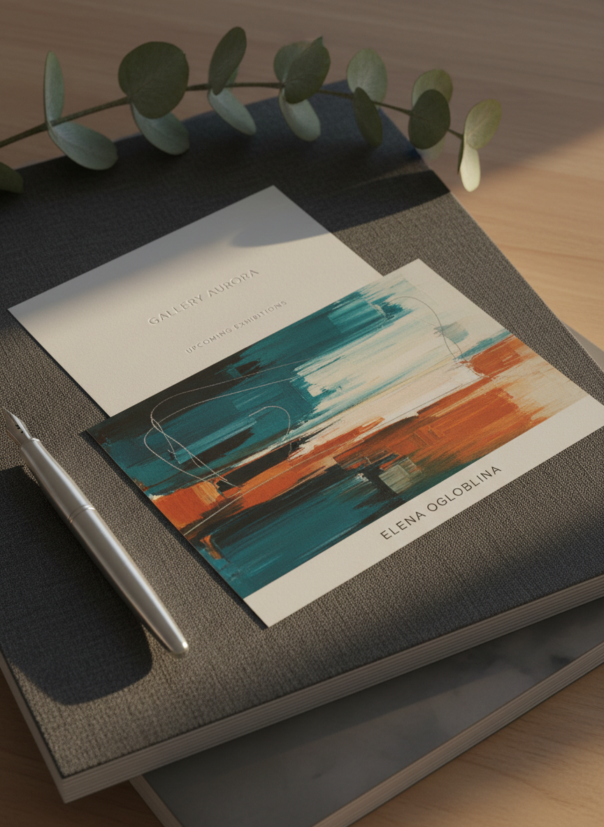 A refined exhibition announcement scene: a sleek, matte postcard featuring an abstract painting by Elena Ogloblina rests atop a stack of catalogs on a dark charcoal linen-covered table. The postcard shows a fragment of a composition with layered turquoise, rust, and soft cream tones, intersected by delicate graphite lines. Beside it lie a silver fountain pen and a minimal, embossed gallery invitation card with subtle blind-debossed text, partially in view. A single sprig of eucalyptus extends from the top edge, adding a muted green accent. Warm, directional late-afternoon light from the right grazes the paper surfaces, emphasizing textures and casting long, soft shadows. Shot at a slight three-quarter angle with a shallow depth of field that blurs the background catalogs, the photographic, clean composition conveys sophistication and anticipation for upcoming exhibitions.
