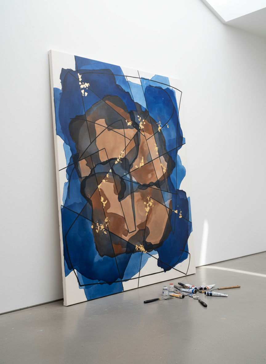 A large abstract canvas leaning against a pristine white gallery wall, its surface alive with layered mixed media: translucent washes of cobalt blue and umber, sharp geometric lines in charcoal, and subtle gold leaf fragments catching the light. The painting rests on a smooth concrete floor scattered with a few carefully placed paint tubes and palette knives, suggesting an artist’s studio that doubles as a viewing space. Soft, diffused daylight from a high skylight bathes the scene, creating gentle reflections on the metallic accents and tender shadows along the wall. Captured at eye level with a slightly off-center composition and shallow depth of field, the focus remains on the rich textures and complex color relationships. The photographic realism and minimalist setting evoke a sophisticated, contemplative atmosphere, ideal for a portfolio homepage hero image.