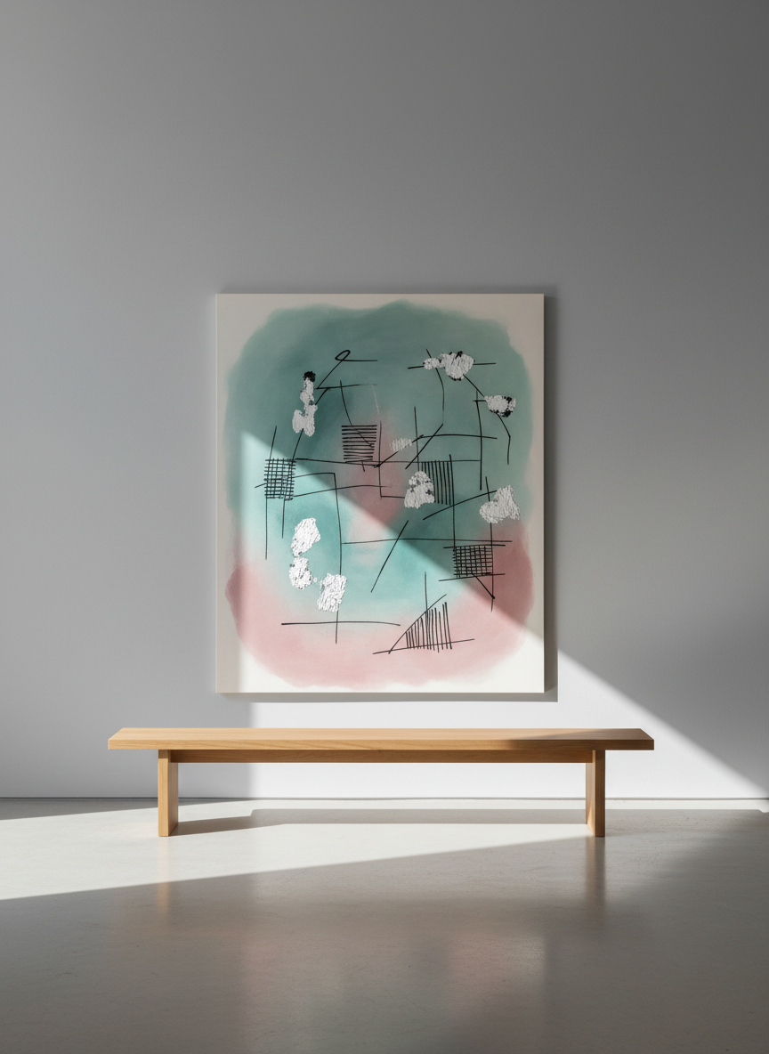 A serene viewing room featuring a single large mixed-technique painting hung precisely on a matte dove-gray wall. The artwork combines soft, atmospheric color fields in muted teal and rose with sharp, linear ink markings and small textured patches of impasto white. Below it, a low, minimalist oak bench sits empty, its grain subtly visible. The floor is pale polished concrete, reflecting a faint echo of the colors above. Natural afternoon light filters through an unseen window to the right, casting a long, elegant shadow of the bench and gentle vignetting around the painting’s edges. Photographed straight-on with perfect symmetry and sharp focus throughout, the image has a clean, gallery-like aesthetic and a calm, sophisticated mood, ideal for showcasing a featured collection or exhibition highlight.