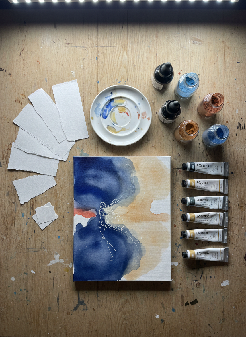 An elegant studio worktable covered with neatly arranged materials used for mixed-technique painting: torn fragments of fine watercolor paper, small jars of powdered pigment, tubes of acrylic and oil paint, ink bottles, and a porcelain mixing dish stained with subtle color rings. In the center lies an in-progress small canvas, half-covered with a translucent wash of indigo and pale ochre, with delicate scratched lines revealing underlying layers. The table’s surface is warm, lightly distressed wood, contrasting with the contemporary tools. Overhead, soft, cool-toned studio lighting creates even illumination, with tiny specular highlights on glass and metal and a gentle falloff toward the edges. Captured from a top-down, bird’s-eye perspective in photographic realism, with careful framing using the rule of thirds, the atmosphere feels quietly focused, intellectual, and refined, perfect for a process or “about the work” section.