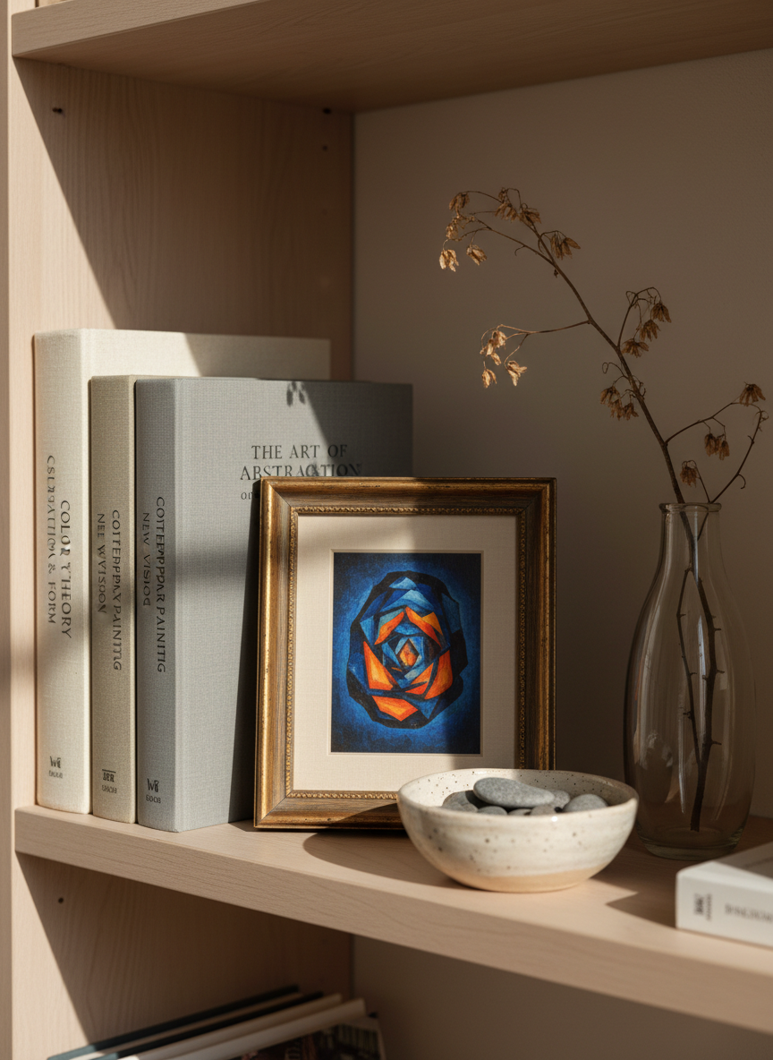 A carefully curated bookshelf vignette in an art-focused interior: large art books on color theory, abstraction, and contemporary painting stand upright, their spines in muted tones of ivory, slate, and sepia. Between them, a small framed reproduction of an Elena Ogloblina painting shows an intricate, jewel-toned composition with layered blues and oranges. A ceramic bowl holding smooth river stones and a slender glass vessel containing a single dried branch sit on the same shelf. Soft, indirect daylight from the left washes over the scene, producing delicate shadows and subtle highlights on the glossy book covers. Captured at eye level with a slight side angle and shallow depth of field, the focal point is the small artwork, with the background gently blurred. The photographic, minimalist composition feels cultured, intimate, and sophisticated, suitable for a “press & publications” or inspiration section.