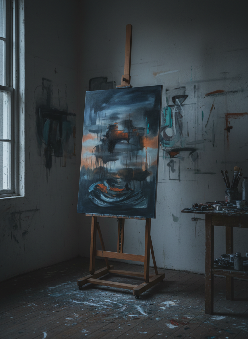 A moody corner of an artist’s studio showcasing a tall, narrow canvas on an easel, mid-process. The painting reveals multiple translucent layers of deep indigo, smoky gray, and hints of burnt sienna, with scratched vertical lines exposing earlier colors beneath. Thick, textural ridges of paint catch the light along the lower third. Behind the easel, a raw plaster wall shows faint traces of past works and color tests. The space is lit by a single high side window, letting in cool, diffused twilight that creates dramatic, elongated shadows and a gentle glow along the edges of the canvas. Photographed from a low, three-quarter angle in realistic, cinematic style, with a moderate depth of field, the atmosphere is introspective, sophisticated, and quietly dramatic, ideal for illustrating the artist’s process and experimentation with color and layers.
