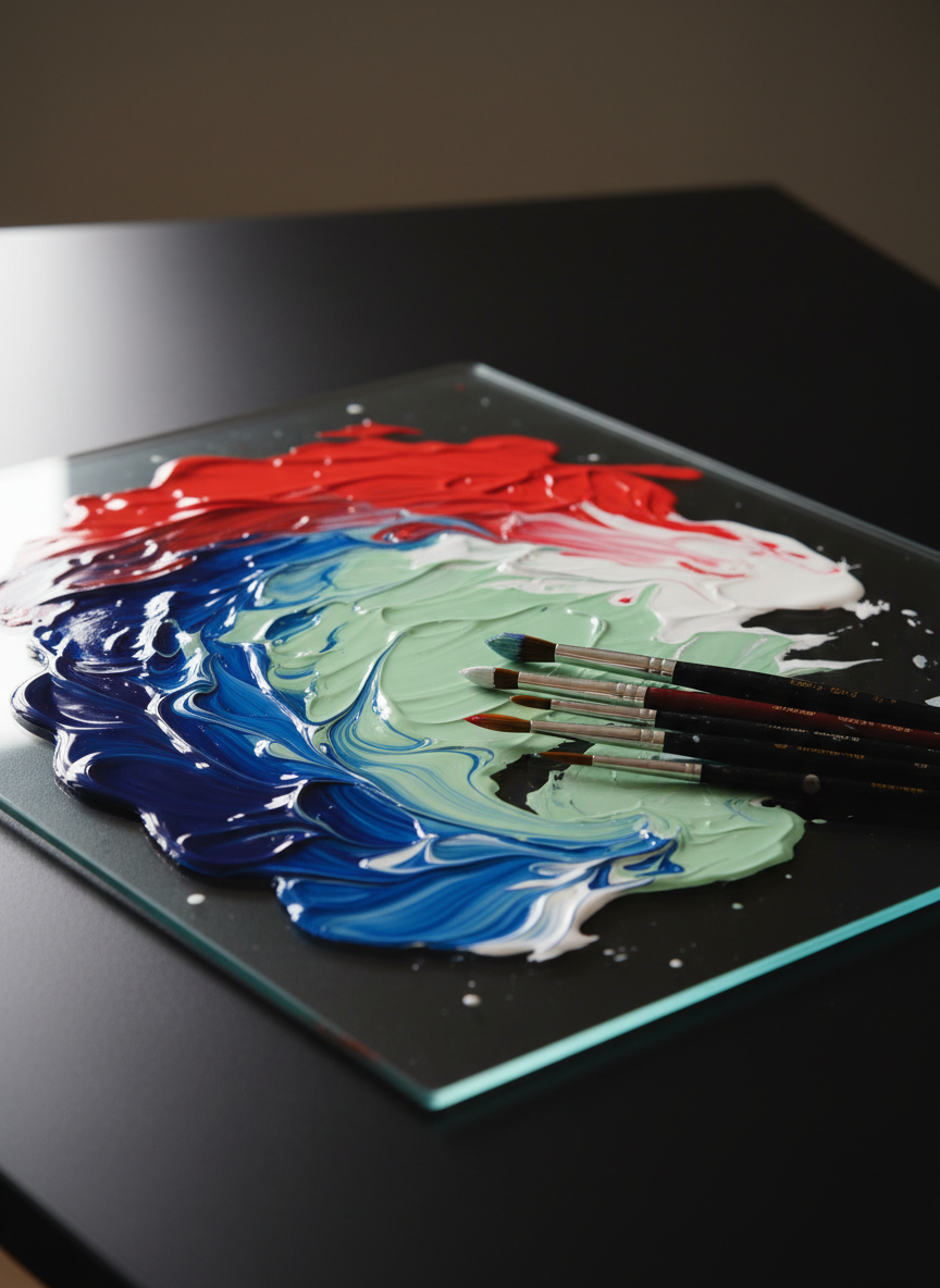 A meticulously arranged close-up of a painter’s glass palette, its surface covered in luxurious swirls of oil and acrylic paint: deep ultramarine, cadmium red, pale celadon, and creamy titanium white blending into each other in unexpected gradients. Fine bristle brushes with stained wooden handles rest diagonally across the palette, their tips glossy with fresh pigment. The palette is placed on a matte black table that subtly reflects the colors. Directional studio lighting from the left creates crisp highlights on the wet paint and gentle shadows beneath the brushes, emphasizing the tactile quality of the materials. Shot from a slightly elevated angle in photographic realism, with a shallow depth of field that softly blurs the table edges, the mood is refined, intimate, and quietly vibrant, capturing the moment before paint meets canvas.